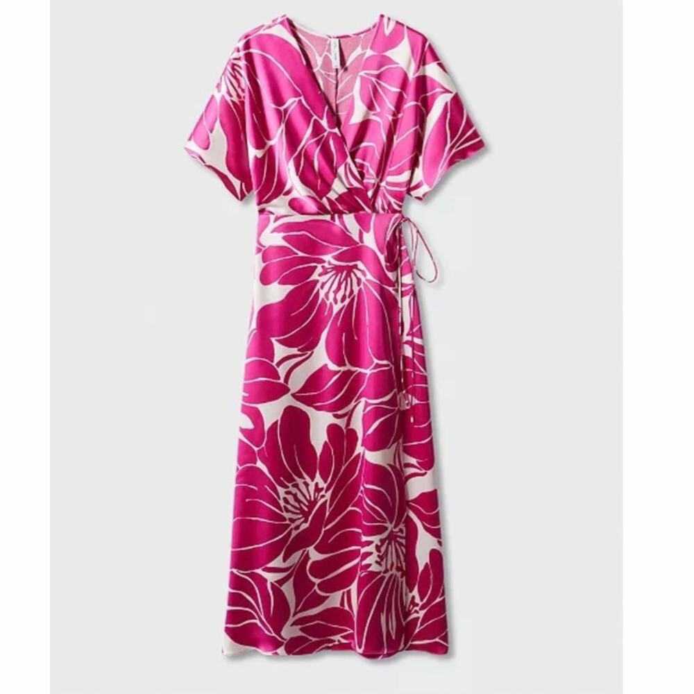 Mango NWT Pink Floral Wrap Midi Dress XS Satin Tie Waist Short Sleeve Vacation